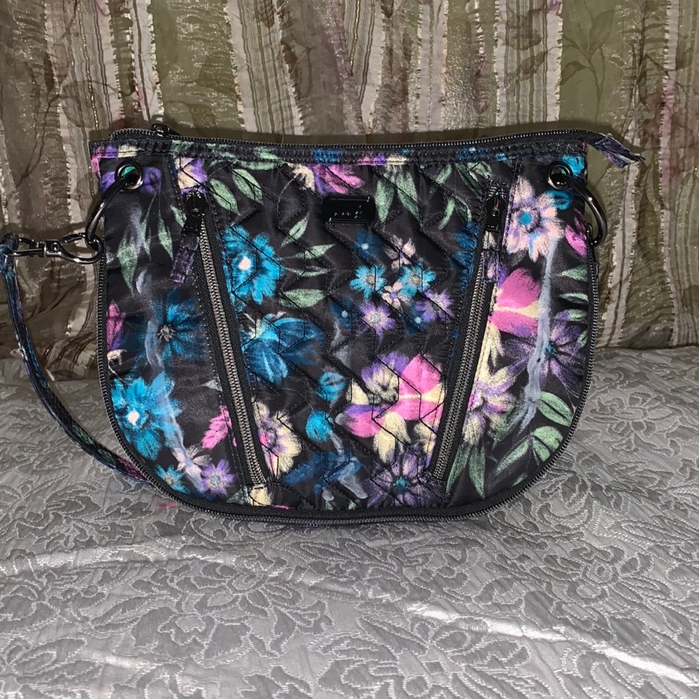- lug Swivel  Bloom Black Floral Print Convertible Crossbody, RFID Ptotect…